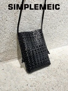Women's Fashion Faux Woven Hollow Out Solid Color Phone Bag, Lightweight Vacation Beach Crossbody Bag - Black - View 3