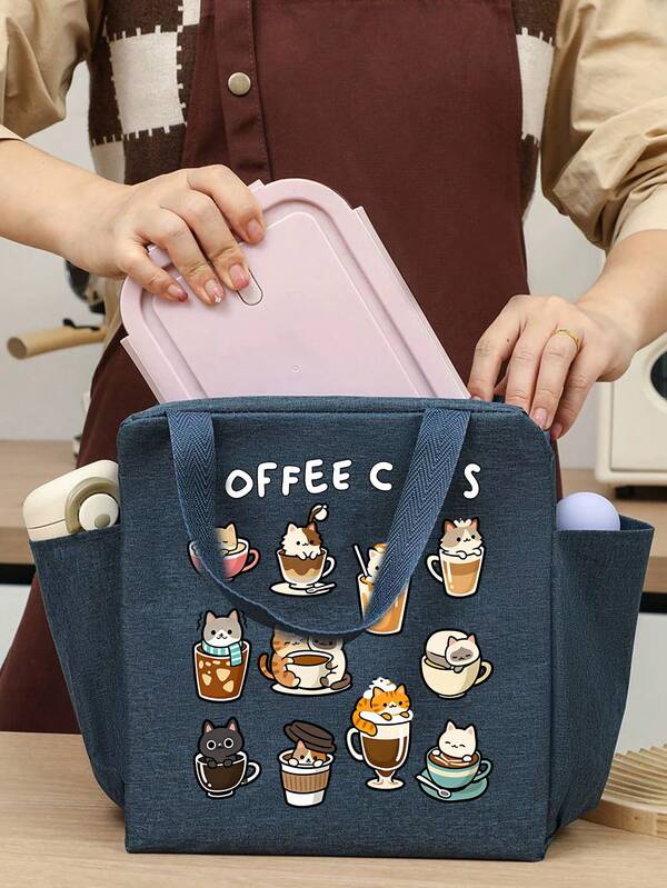 Cartoon Animal Print Tote Bag, Multi-Functional Portable Lunch Bag, Coffee Cat Pattern Lunch Box Bag With Black Utensil Storage Bag, Large Capacity Horizontal Student Meal Insulated Cooler Bag, Vertical Portable Travel Picnic Bag, Suitable For Vacation, Beach, Travel, Commute, Business, Student, Picnic, Camping, Supermarket Shopping, Daily Utensil Storage, Best Teacher's Day Gift, Beach Vacation Essential, Best Back To School Gift