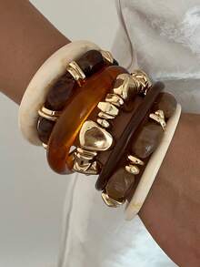 Set Gelang Bulat Akrilik Vintage Elegan 4/3/1 buah, Cocok untuk Pemakaian Sehari-hari Wanita - MultiWarna - View 2