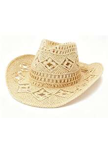 1pc Vintage Hollow Wide Brim Straw Hat, Suitable For Spring And Summer Outdoor Travel, Vacation And Beach Wear; Unisex, Handwoven, Breathable And Sun-Protective, Combining Western Cowboy Style And Panama Hat Features. - A - View 10