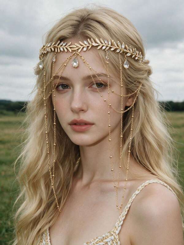 Bando Berlian Imitasi Emas Rantai Berlapis Kristal Bentuk Tetesan Air Mata untuk Dahi, Aksesori Rambut Pengantin untuk Pesta Pernikahan atau Pesta Lajang.