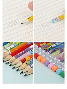 Set Pensil & Penghapus Kartun Inspiratif Bahasa Inggris 6/12 buah, Pensil HB untuk Siswa, Hari Pertama Sekolah - MultiWarna - View 7