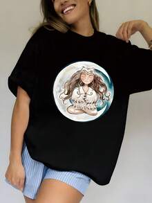 Unisex 100% High Quality Cotton Art Bohemian Lady Print Short Sleeve Tee Comfortable Light Summer Casual Basic T Shirt - Black - View 2