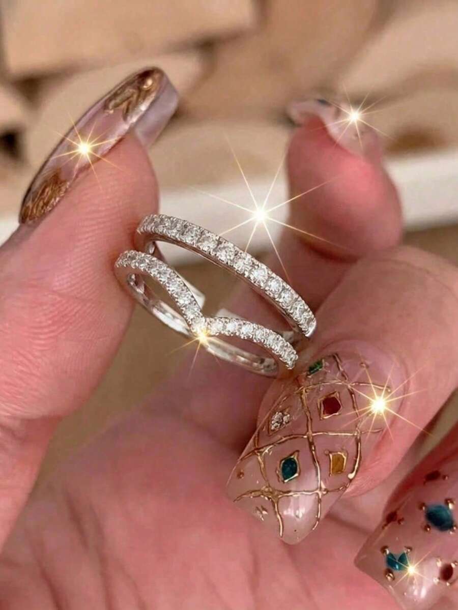 2件組女款戒指套組,銀色金屬華麗戒指,鑲嵌CZ非對稱造型,適合婚禮派對舞會穿搭 - 彩色 - 查看 1