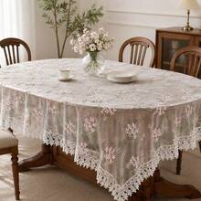 1pc Pink Pattern Embroidered Tablecloth, Lace Trim Decoration, Polyester Fabric, Embroidered Floral Pattern Tablecloth, Rectangular Square Tablecloth, Suitable For Dining Room Living Room Tabletop Decoration - White - View 6