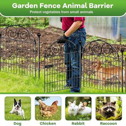 10 Panels No-Dig Decorative Garden Fence With Gate For Yard, Animal Barrier Fencing For Dog | Rustproof Metal Temporary Fence For Patio, Pet And Flower Bed | Total 32in High X 23.6ft Long