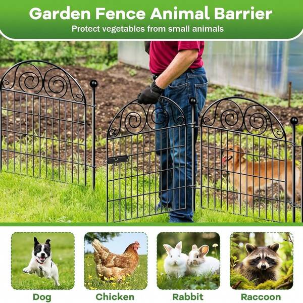 10 Panels No-Dig Decorative Garden Fence With Gate For Yard, Animal Barrier Fencing For Dog | Rustproof Metal Temporary Fence For Patio, Pet And Flower Bed | Total 32in High X 23.6ft Long