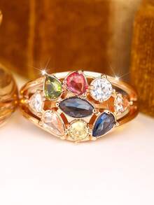 1 Stylish Women's Ring With A Multi-Layered, Openwork Design And A Wide Band Set With Stones-Perfect For Vacation Outfits And As A Birthday Gift - Golden Yellow + Color - View 3