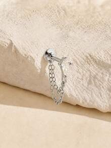 EleRunis 1pc 925 Sterling Silver Delicate Double Eye Chain Flat Back Labret/Cartilage Stud, Suitable For Earlobe/Ear Cartilage/Ear Conch/Ear Helix, Threaded Piercing Fine Jewelry, Suitable For Daily Wear - Silver - View 5