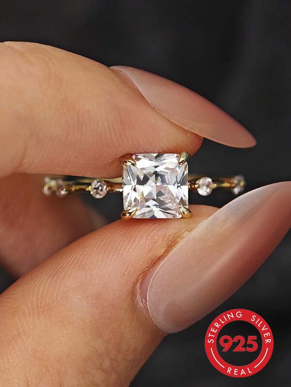 1pc S925 Sterling Silver Princess Square Zirconia Ring, High-End Luxury Ins Niche Versatile Women's Wedding Ring