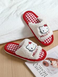MAOLI Hello Kitty 開趾毛絨室內拖鞋，四季穿著，貓臉設計，優雅舒適吸汗透氣時尚百搭女款居家拖鞋，適合室內臥室大學宿舍，女款平底涼拖，趣味拖鞋 - 紅色的 - 查看 14
