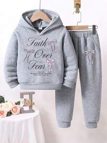 Girls' Letter Print Warm Hoodie And Sweatpants - Grey - View 1