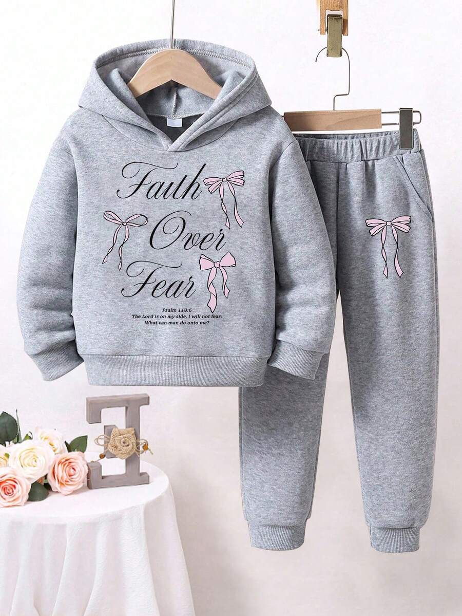 Girls' Letter Print Warm Hoodie And Sweatpants - Grey - View 1