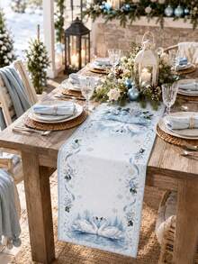 1pc Blue White Winter Swan Table Runner, Elegant Linen Rectangular Snowflake Holly Ribbon Lake Swan Printed Tablecloth Cover For Dining Table, Kitchen, Buffet, Christmas Dinner, Holiday Party And Winter Home Decor - Multicolor - View 6