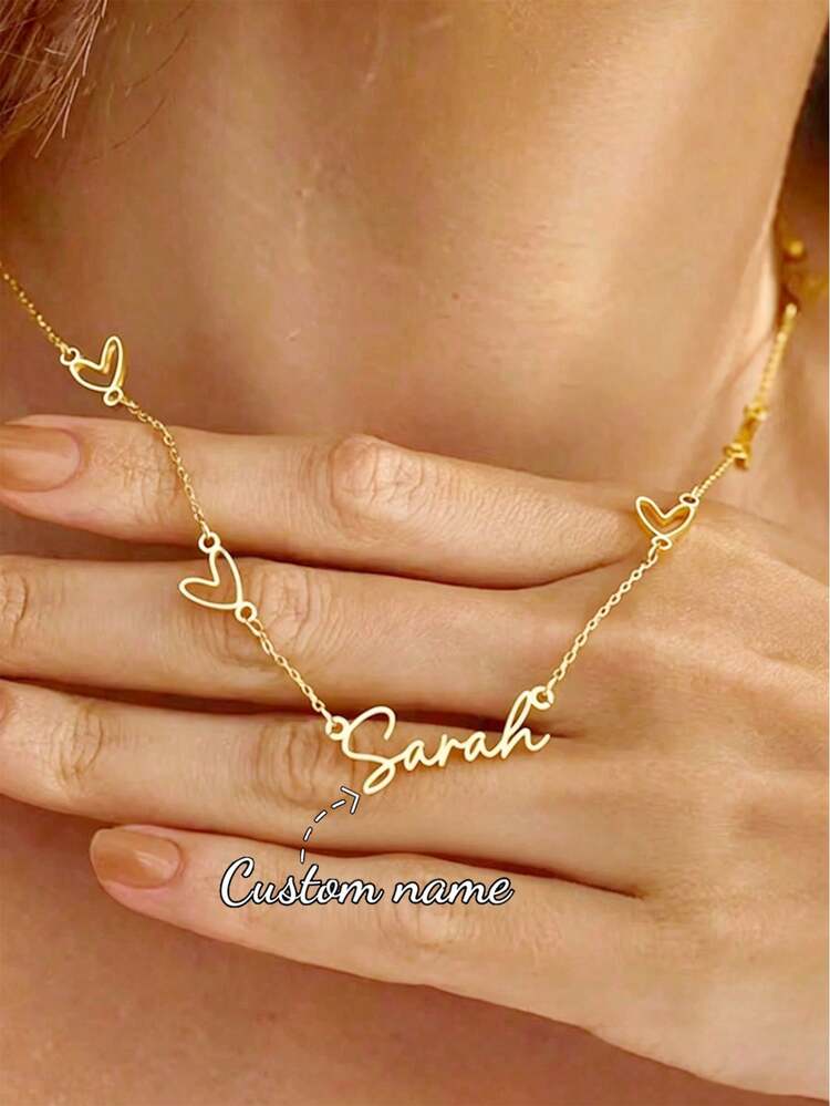 Customized Stainless Steel Name Necklace, Gold Box Chain Personalized Font Necklace, Jewelry Gift For Girlfriend, Family - Gold Necklace With Multiple Heart Shapes - View 1