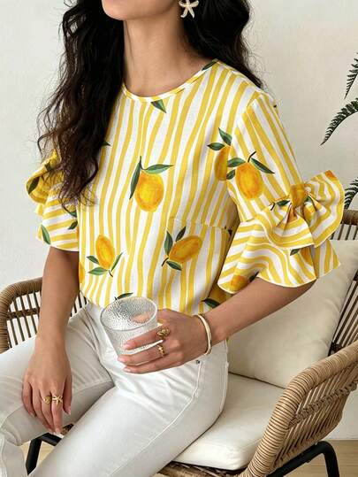 Camisa de Manga com Decoração de Laço, Gola Redonda, Estampa de Limão Amarelo e Listras Rosas, Camisa de Férias de Primavera e Verão