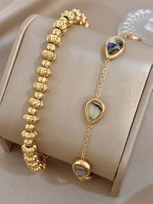 Conjunto de pulsera de cadena con cuentas de calabaza y gota de agua de concha de abalón minimalista, cadena de acero inoxidable apilable para mujer, regalo de joyería para cumpleaños, uso diario y fiestas - Multicolor - Ver 2