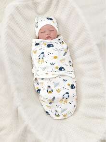 1 Set Baby 0-3M Printed Rocket Pattern Sleep Sack Anti-Startle Swaddle Blanket, Swaddle Blanket + Hat, Comfortable Soft Skin-Friendly, Suitable For Indoor And Outdoor, Various Holiday Gifts - Multicolor - View 1