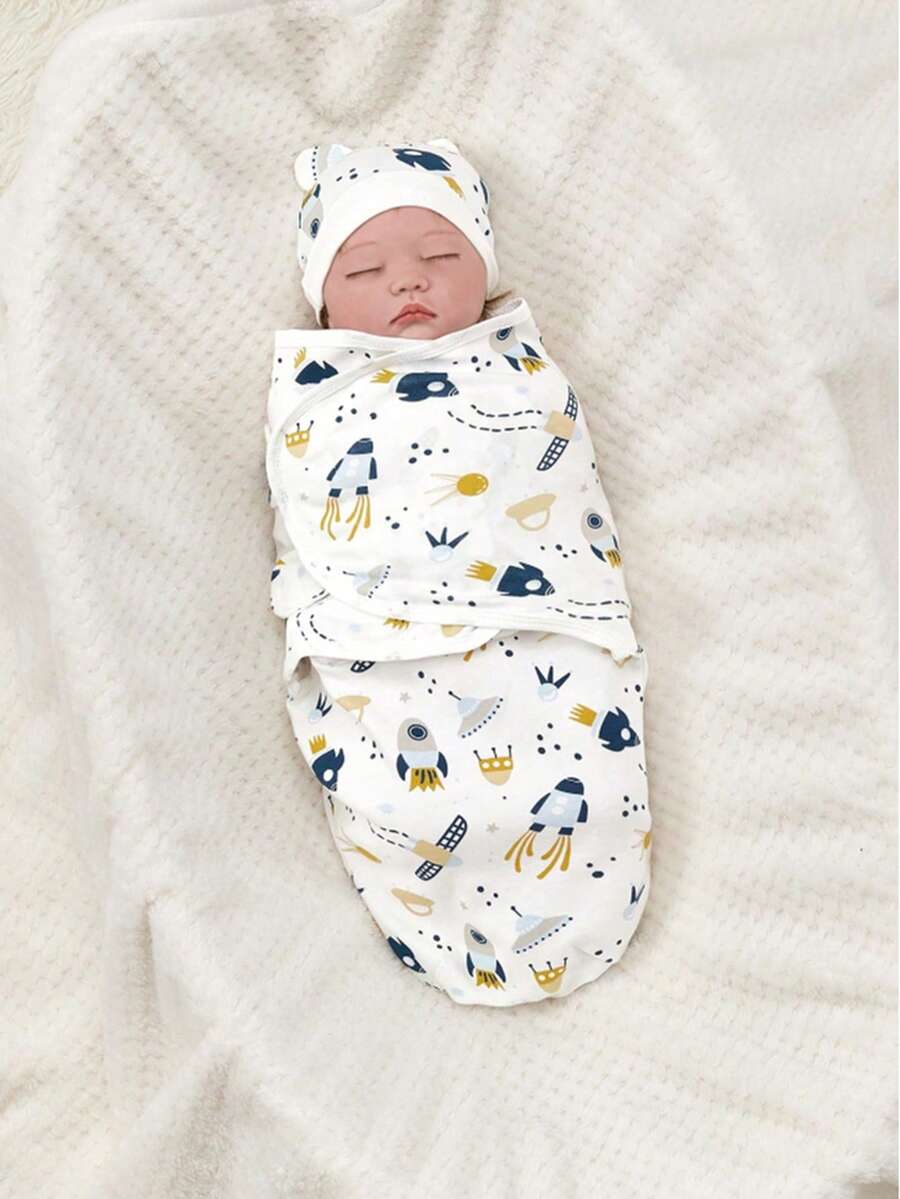 1 Set Baby 0-3M Printed Rocket Pattern Sleep Sack Anti-Startle Swaddle Blanket, Swaddle Blanket + Hat, Comfortable Soft Skin-Friendly, Suitable For Indoor And Outdoor, Various Holiday Gifts - Multicolor - View 1