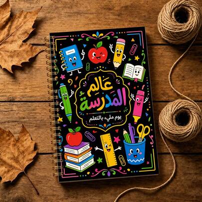 1pc Arabic Campus Stationery Theme Notebook, Black Background With High Saturation Colorful Contrast, Middle Eastern Style Lively Cartoon Decorative Illustration, Multiple Anthropomorphic Learning Stationery, Arabic Calligraphy Text, Floral Border And Star Dot Pattern Full Print, High Quality Writing Paper Inner Pages, Office Study Note-Taking, Exotic Cultural Creative Gift, Suitable For Students And Adults With Middle Eastern Cultural Preference, A5 Spiral Planner Notebook