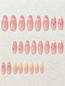 24 Peças Unhas Postiças em Formato de Amêndoa 3D Gel Elegante e Descolado, Amarelo Creme, Rosa, Bloco de Cor, Pontilhado, Gradiente Floral, Contas de Aço Dourado, Linha de Pérola, Francês, Brilhante, Brilhante, Branco, Unhas Postiças da Moda Versáteis e Usáveis, Adequadas para Encontros, Festas, Primavera, Verão, Mulheres e Meninas, Outono, Inverno, Uso Diário, Conjunto de Unhas Removíveis com Cola de Gelatina e Lixa de Unha, Fácil de Usar e Durável, Cola de Gelatina Enviada Aleatoriamente - Multicolorido - Visão 4