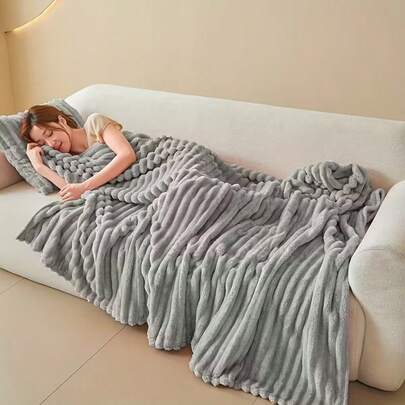 1Pc Solid Color Striped Soft Comfortable Plush Blanket, Easter Gift Blanket, Mu…