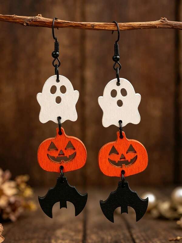 1 Pair Halloween Ghost Pumpkin Bat 3-Layer Wooden Earrings, Vintage Contrast Color Holiday Party Outfit Accessories