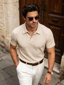 Men's Summer Fashion Casual Loose Fit Short Sleeve Corduroy Fabric Polo Shirt, Suitable For Daily Commute, Travel - Apricot - View 1