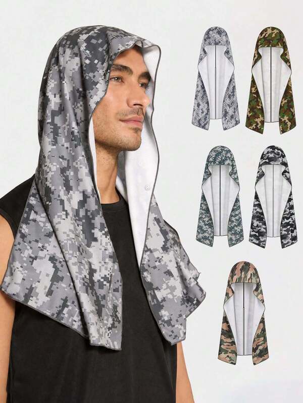 1PC Camo Print Hooded Cooling Towel, Quick Dry Breathable Ice Cold Hood Wrap Sweat Towel For Men Women, Absorbent Lightweight Camouflage Head Neck Cooling Scarf For Fishing Cycling Gym Running Hiking Camping Golf Outdoor Summer Sport Activities