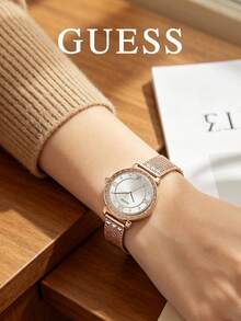 GUESS Women's Quartz Watch With Starry Rhinestone Dial, Roman Numerals, Minimalist White Face, Rose Gold Steel Band, Elegant Luxury Style - Gold - View 3