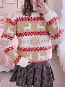 1pc Girls/Teens Christmas Gift Cute Reindeer & Snowflake Round Neck Sweater, Spring/Autumn/Winter - Multicolor - View 2