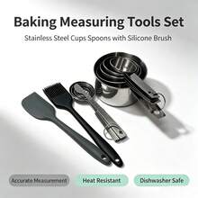 Juego de 13 piezas de tazas y cucharas medidoras de acero inoxidable, con raspador y cepillo, apilables, fáciles de limpiar, herramientas de medición para hornear, adecuadas para cocinar y hornear, café - Plateado - Ver 12