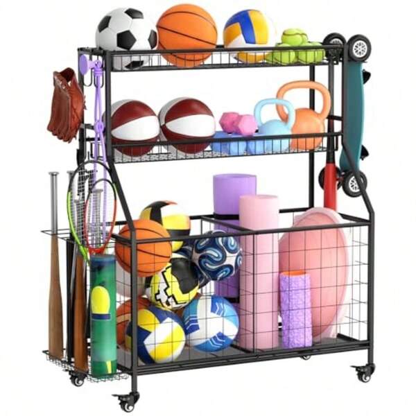 (Free Shipping)Sports Equipment Garage Organizer - Heavy Duty Garage Organization Ball Storage Rack With Basket Hooks And Rolling Cart For Sports Gear And Toy Storage Indoor/Outdoor Use Black