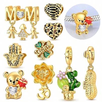 Golden Lucky Clover MOM Family Animal Texuture Heart Bear Beads Fit Bag Charms Bracelet Jewelry Gifts For Women