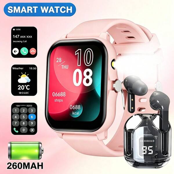 ZhiKexing Reloj inteligente multifuncional para deportes al aire libre + Auriculares, con linterna, pantalla táctil completa de 1.83 pulgadas, compatible con llamadas inalámbricas y mensajería, reproducción de música, rastreador de fitness, regalo para mujeres, hombres, amigos, regalo de cumpleaños