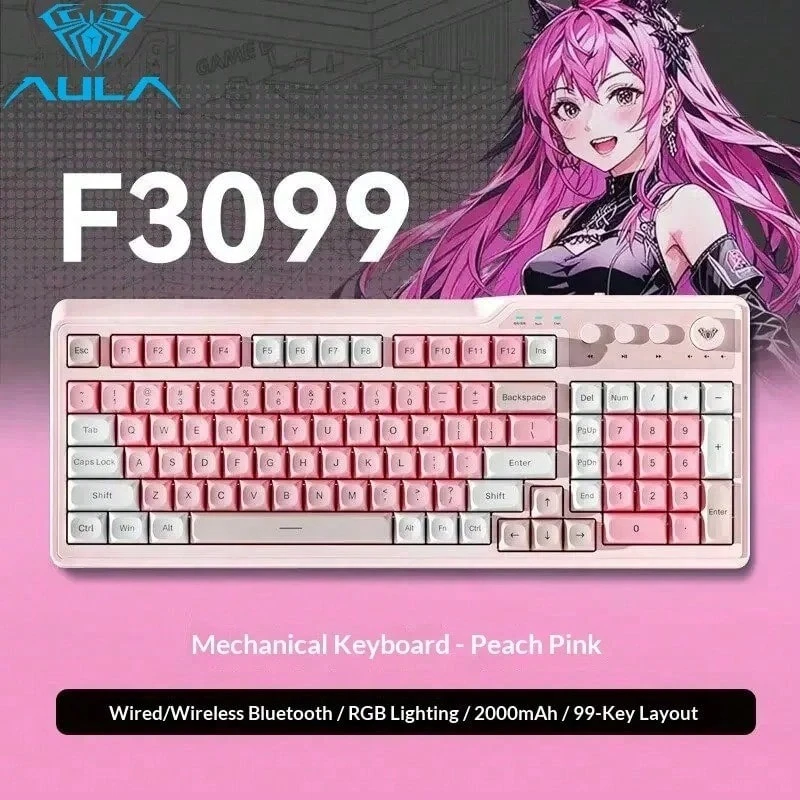 AULA F3099 无线机械键盘，带旋转旋钮、RGB 背光、蓝牙功能，适用于 PC、台式机、游戏、办公笔记本电脑
