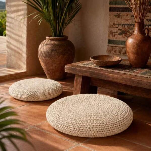 Cojín De Piso Redondo Tejido Estilo Boho Chic, Futón Artesanal Decorativo Para Sala Y Terraza, Asiento De Meditación Aesthetic Orgánico