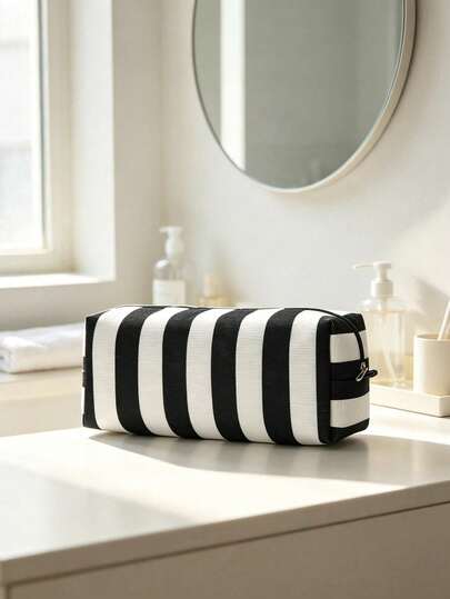 Fashionable Vertical Striped Canvas Hair Dryer Storage Bag, Large Capacity Portable Travel Storage Bag Suitable For Hair Tools And Accessories