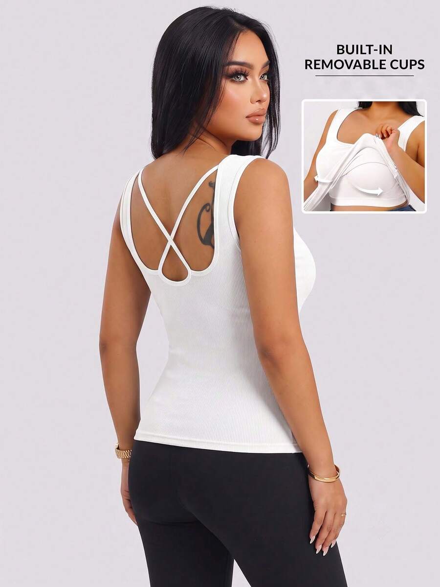 1pc U-Neck Backless Camisole With Built-In Cup Pad, Casual Layering Vest For Spring, Summer, Autumn And Winter - White - View 1