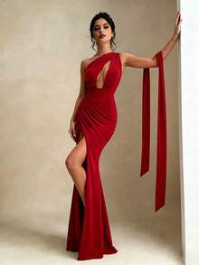 Elegant Red Mermaid Knit Long Formal Dress, Sleeveless Pleated High Slit Design, Suitable For Prom Or Special Occasions. Wedding Party Fall - Red - View 5