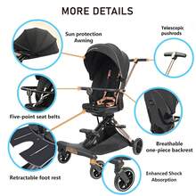 Lightweight 2-In-1 Travel Stroller, 360° Reversible Seat, Portable Folding Stroller With Breathable Backrest And Shock Absorption - Black - View 7