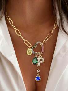 1pc Gold Letter Necklace, Luxury Heart-Shaped Lock With Lock And Green Diamond Pendant Necklace, Exquisite Holiday Party Gift For Women - Yellow Gold - View 22