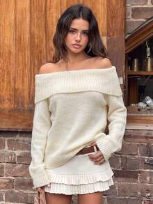 Autumn/Winter Cold Shoulder Sweater, Loose Ribbed Knit Top, Collar Design, Lazy Comfortable Sexy Style, Suitable For Autumn/Winter Dates And Back To School Outfits - Apricot - View 3