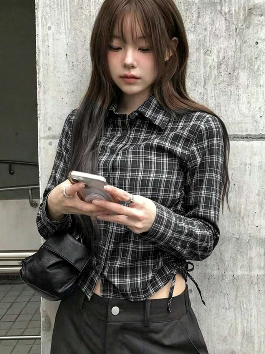 復古格紋修身收腰短袖襯衫,夏季新款時尚短版女上衣,顯身材修飾上衣 - 黑色 - 查看 1