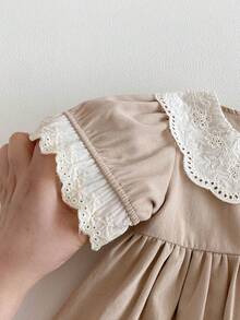 Miniweenns 1pc Baby Girl Academy Style Hollow Peter Pan Collar Puff Short Sleeve Loose Fit Dress - Khaki - View 9