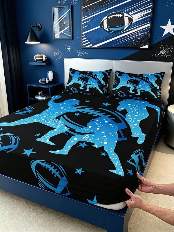 1PC Black Base Blue Glitter American Football Player Silhouette Print Fitted Sheet(Sheet Only, No Pillowcase), Star Galaxy Sports Rugby Pattern Mattress Cover, Elastic Deep Pocket Fitted Bedsheet For Teen Boys Youth Bedroom Decor