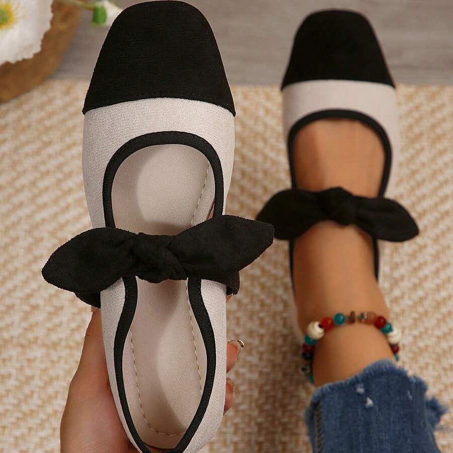 Bow Velvet Fashion Women's Shoes Spring French Vintage Colorblock Shallow Low Heel Square Toe Pumps - Black + Beige - View 1