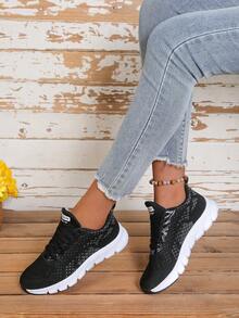 Women's Athletic Shoes Fabric Front Lace-Up Striped Decor Mesh Breathable Soft Sole Sneakers Suitable For Daily Commute And Casual Wear - Black Grey - View 6