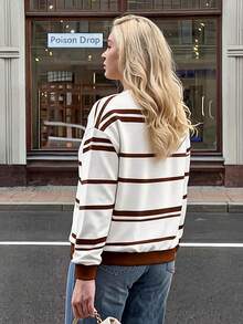 Dripcurv Casual Minimalist Khaki Striped Print Pattern Crew Neck Loose Fit Plus Size Women Sweatshirt, White Long Sleeve Tops Sleeve/Winter Fall - Multicolor - View 2