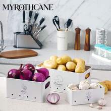 Myrothcane 3pcs Bamboo Lid Potato Onion Garlic Storage Bins, Ventilated Metal Vegetable Storage Containers, Stackable Farmhouse Style Kitchen Countertop Produce Organizer, Suitable For Pantry Storage - White - View 3